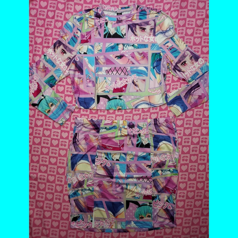 Anime two piece set. Longsleeve Crop Top Shirt & Skirt. Hatsune Miku